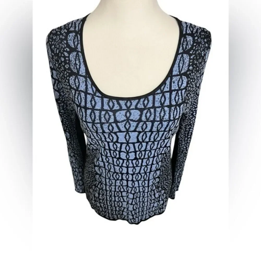 NIC+ZOE medium blue and black geometric sweater crew neck long sleeve